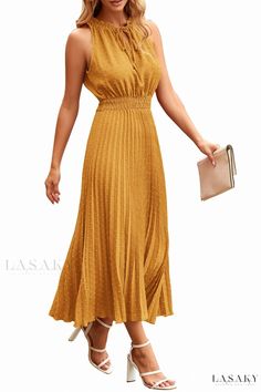 Lasaky - Jacquard Elastic Waist Sleeveless Dress Casual Maxi Dress, Dress With Pleats, Loose Fitting Dresses, Crewneck Dress, Maxi Dresses Casual, Casual Skirts, Evening Attire, Gold Dress, Sleeveless Maxi Dress