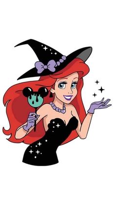 the little mermaid is holding a wand and wearing a witches hat