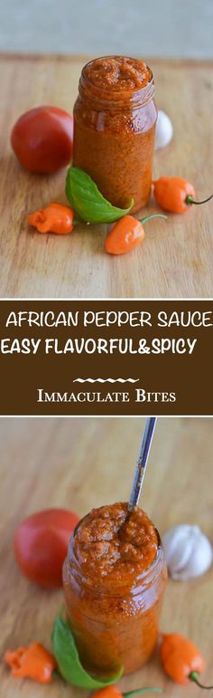 an image of a small jar filled with sauce and vegetables on a wooden table next to the words african pepper sauce easy flavor & story