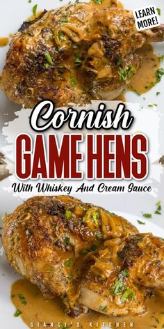 the cover of cornish game hens with whiskey and cream sauce