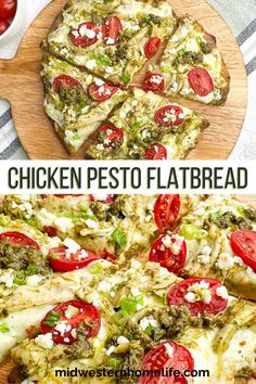 chicken pesto flatbread pizza with tomatoes, broccoli and feta cheese