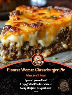 a piece of cheeseburger pie sitting on top of a plate next to a menu