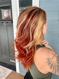 Red Underneath Hair Blonde, Blonde And Vivid Hair Color Ideas, Red Under Blonde Hair, Red Hair Ideas For Blondes, Red Underdye Hair Blonde, Bright Red Hair With Blonde Highlights, Blonde Hair With Orange Highlights, Red And Blonde Curly Hair, Blonde With Red Underneath Hair