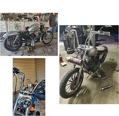 three different pictures of motorcycles in a garage