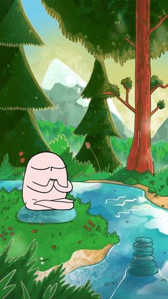 a cartoon character sitting in the middle of a forest next to a river and trees