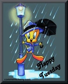 a cartoon cat holding an umbrella in the rain