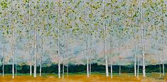 an abstract painting of trees with green leaves and blue sky in the background, on canvas