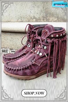 Tassels Rivets Faux Suede Boots Autumn Boots, Popular Boots, Flat Heel Boots, 1920s Style, Faux Suede Boots, Creative Stuff, Fringe Boots, Rounded Toe Boots, Ankle Boots Flat