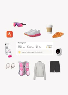 an assortment of items are displayed on a white background, including shoes, sunglasses and coffee