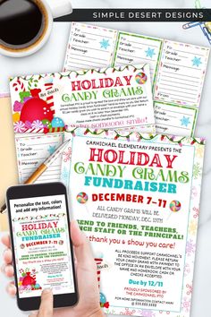 a person holding up a cell phone next to a christmas party flyer and other items