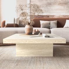 a living room with a couch, coffee table and vase on the floor in front of it