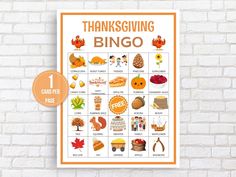 a printable thanksgiving bingo game on a white brick wall with an orange border around it