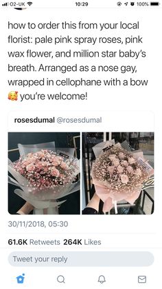 the twitter post shows two pictures of pink roses in plastic wrap, and an image of a baby's breath