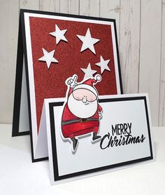 a christmas card with a santa clause on it and stars in the sky behind it