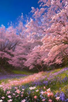 a field full of flowers and trees with blue sky in the background