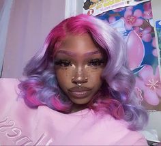 Pink And Blue Hair Black Women, Pink And Purple Mixed Hair, Cotton Candy Hair Split Dye, Pink Purple Blue Curly Hair, Cotton Candy Pink Hair On Black Women, Dyed Bangs, Pink Purple Hair, Dyed Curly Hair