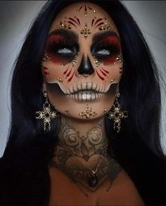 Scary Pretty Halloween Makeup, Annabelle Doll Makeup Halloween, Diy Skeleton Ribcage, Sugar Skull Makeup Ideas, Black Light Skeleton Makeup, Mexican Makeup Ideas, Womens Skull Makeup, Catrina Face Makeup, Unique Halloween Makeup Creative