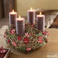 four lit candles in a wreath on a table