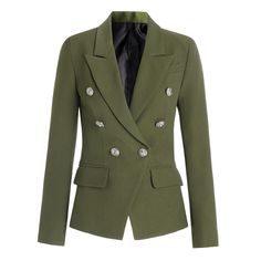 The classic and simple lines of this viscose blend sand cady double-breasted jacket are overturned by retro details. Its tight-fit, concave shoulders and the large lapel remind of Bianca Jagger’s 70’s style. Metal jewel buttons fastening. Two flap pockets. Jungle-print lining. Young Professional Outfits Casual, Green Suit Jacket, Young Professional Outfits, Black And White Office, Designer Shawl, Short Coats Women, 70’s Style, Ladies Blazer, Green Suit