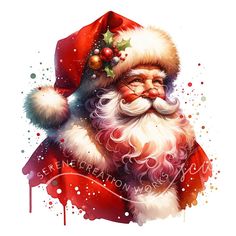 a watercolor painting of santa claus with christmas decorations on his head