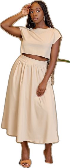 Solid Color Short Sleeve Crop Top For Day Out, Solid Short Sleeve Crop Top For Day Out, Beige Solid Color Maxi Skirt For Summer, Summer Beige Maxi Skirt, Cream Short Sleeve Crop Top, Chic Beige Maxi Skirt, Chic Beige Maxi Skirt With Pockets, Crop Top And Midi Skirt, Midi Skirt Set