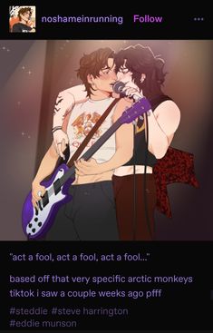 two people are kissing while one person is holding a guitar and the other has a microphone