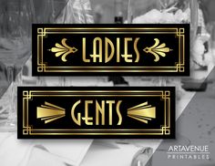 two black and gold labels with the words ladies gents on them, sitting next to wine glasses