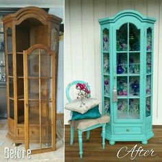 before and after photos of an old china cabinet