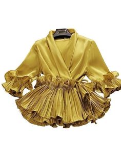 V-neck Pleated Ruffled Lace Chiffon Shirt Gold Blouse Outfit, Three Quarter Sleeve Shirt, Peplum Designs, Ladies Chiffon Shirts, Gold Blouse, Lace Chiffon, Chiffon Ruffle, Chiffon Shirt, Women Shirts Blouse