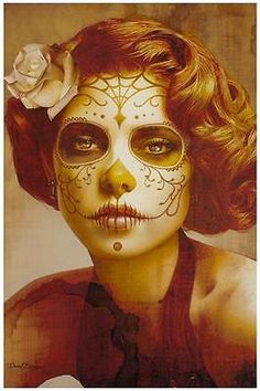 Vendimia Belleza by Daniel Esparza Tattoo Art Print  Day of the Dead Sugar Skull Sugar Skull Half Mask, Bridal Face Art, Halloweenský Makeup, Catrina Tattoo, Dead Makeup, Sugar Skull Girl, Market Art, Horror Vintage, Day Of Dead