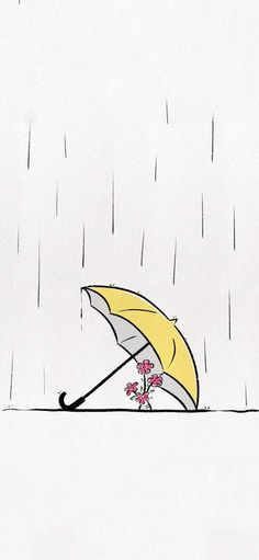 a drawing of an umbrella and flowers in the rain