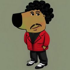 a cartoon dog wearing a red jacket and black pants, standing in front of a gray background