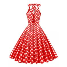 This beautiful halter dress is retro rockabilly at its best! The pretty bodice has a super flattering fold-over v-neckline, wide halter straps, princess seams, and big white buttons up the front. It has a nipped in waist with a skirt that is very flared and it zips up the back. Add a bow belt and petticoat to take it to the next level!Fabric: 95% cotton, 5% spandexThis is a special order item and will take 7-12 business days to ship.Size: SBust: 34"Waist: 27"Size: MBust: 36"Waist: 29"Size: LBust Polka Dot Dresses For Retro-themed Events, Polka Dot Rockabilly Dress For Retro-themed Events, Polka Dot Pinup Dress For Summer, Summer Pinup Polka Dot Dress, Red Rockabilly Summer Dress, Summer Polka Dot Pinup Dress, Polka Dot Sleeveless Pinup Dress, Fitted Retro Sleeveless Halter Dress, Rockabilly Sleeveless Polka Dot Dress