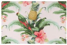 a tropical print with pineapples, flowers and parrots on white background for upholstering