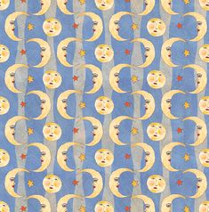 a blue background with yellow and white crescents, stars and moon faces on them