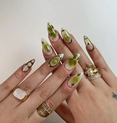 Gel X Inspo Nails, Doing Nails Aesthetic, Gel Nails Birthday, Every Nail Different Design, Cool Nails Acrylic, Cool Fall Nails, Nails Inspiration Green, Gel Nail Designs For Fall, Fall Design Nails