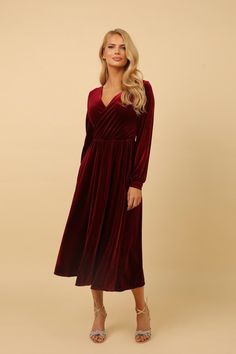 Burgundy Velvet Dress For Wedding, Formal Burgundy Velvet Dress, Party Velvet Burgundy Dress, Burgundy A-line Midi Dress For Party, Burgundy Dresses For Fall Dinner, Burgundy Dinner Dress For Fall, Burgundy Midi Length Evening Dress, Burgundy Long Sleeve Velvet Dress, Burgundy Midi Length Dress For Evening