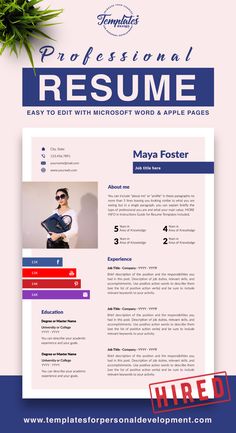 a professional resume template with blue and pink colors on the front, and an image of a