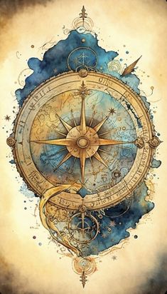 a drawing of a compass on top of a blue and yellow background with watercolors