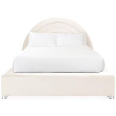 a bed with white sheets and pillows on it's headboard, in front of a white background