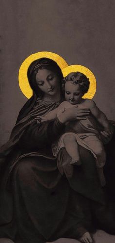 the virgin mary holding a child in her arms with a yellow halo around it's neck