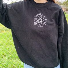 super cute galaxy sweatshirt for your fav space lover! Black Space Sweater, Space Hoodie Design, Space Tshirt Diy Galaxy Shirts, Space-themed Cotton Crew Neck Top, Galaxy Sweatshirt, Embroidery Tshirt, Clothing Design Sketches, Space Lovers, Embroidered Hoodie