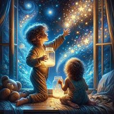 two children are looking out the window at the stars in the sky and one is holding a jar