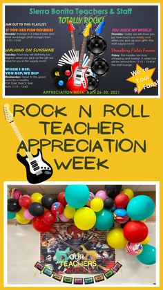 the rock n roll teacher appreciation week flyer is shown with balloons and an electric guitar