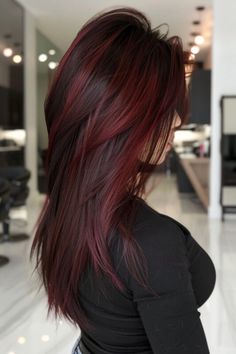 Short Layers On Long Hair Straight, Red Highlights In Medium Brown Hair, Red And Brown Balayage Hair, Merlot Balayage Hair, Long Hair Cuts With Layers And Bangs, Halo Hair Color, Red Halo Hair, Brown With Red Highlights, Halo Hair Colors