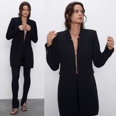 Zara Outerwear Inverted Lapel Frock Coat Blazer Black New Front Inseam Pocket. Snap Fastening. Stretchable Poly- Viscose -Elastane Brand New With Tags. Inseam Pocket, Frock Coat, Lapel Blazer, Blazer Black, Zara Jackets, Black Blazers, Zara Black, Blazer Coat, New Black