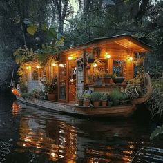 a house boat with lights on is floating in the water near some trees and plants