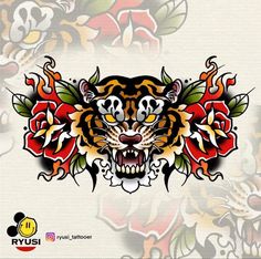 an image of a tiger with roses on it's head and the word tigers written in