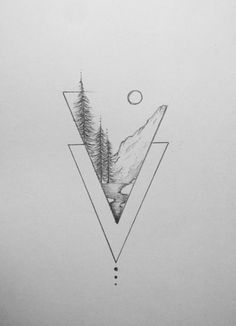 a triangle with trees and mountains in the middle, on a white paper sheet that has been drawn by hand