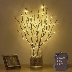 a lighted tree in a glass vase with rocks and stones on the table next to it